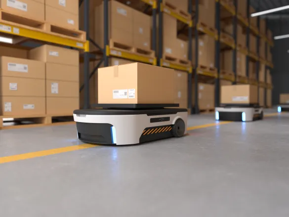 AGVs (Automated Guided Vehicles) transportieren Produkte in Kartons