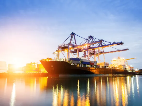 Containerschiff am Hafen unter Portalkränen