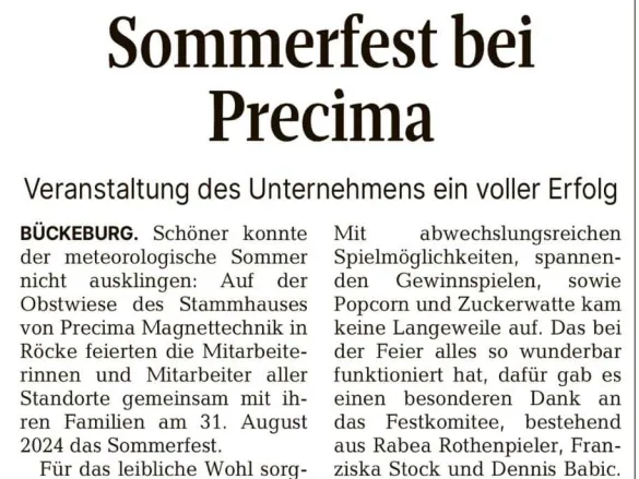 Artikel zum Precima Sommerfest 2024 in der Schaumburg-Lippischen Landeszeitung