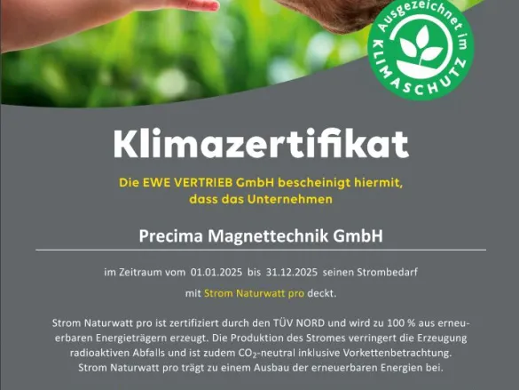 Precima Klimazertifikat ausgestellt durch die EWE Vertrieb GmbH