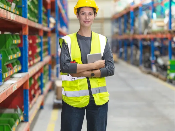 Mitarbeiterin mit Warnweste im Lager