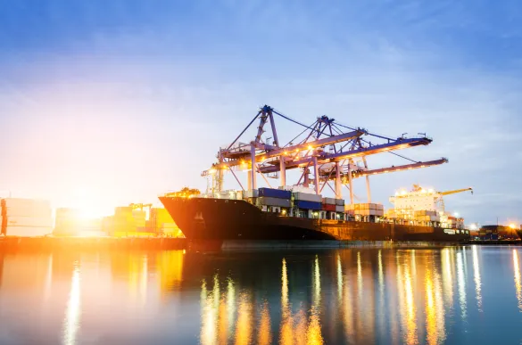 Containerschiff am Hafen unter Portalkränen