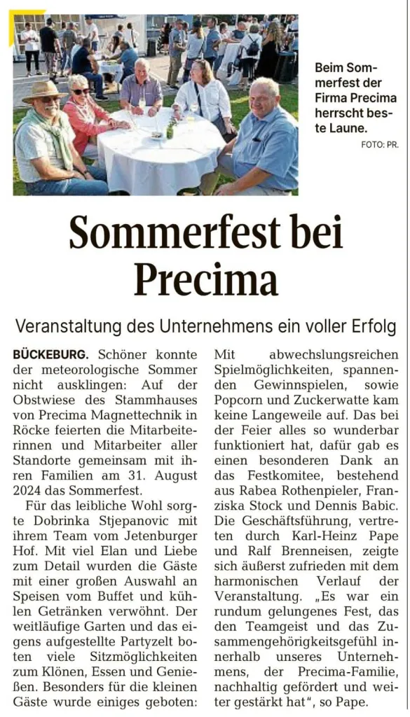 Artikel zum Precima Sommerfest 2024 in der Schaumburg-Lippischen Landeszeitung