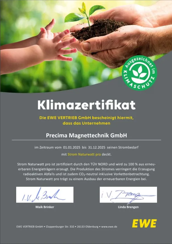 Precima Klimazertifikat ausgestellt durch die EWE Vertrieb GmbH